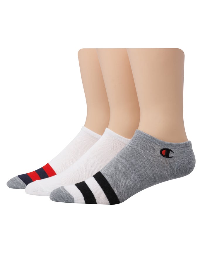 Champion Mens Socks NZ - Super No Show Embroidered Logo 3-Pairs White/Grey ( 9861-MDLCY )